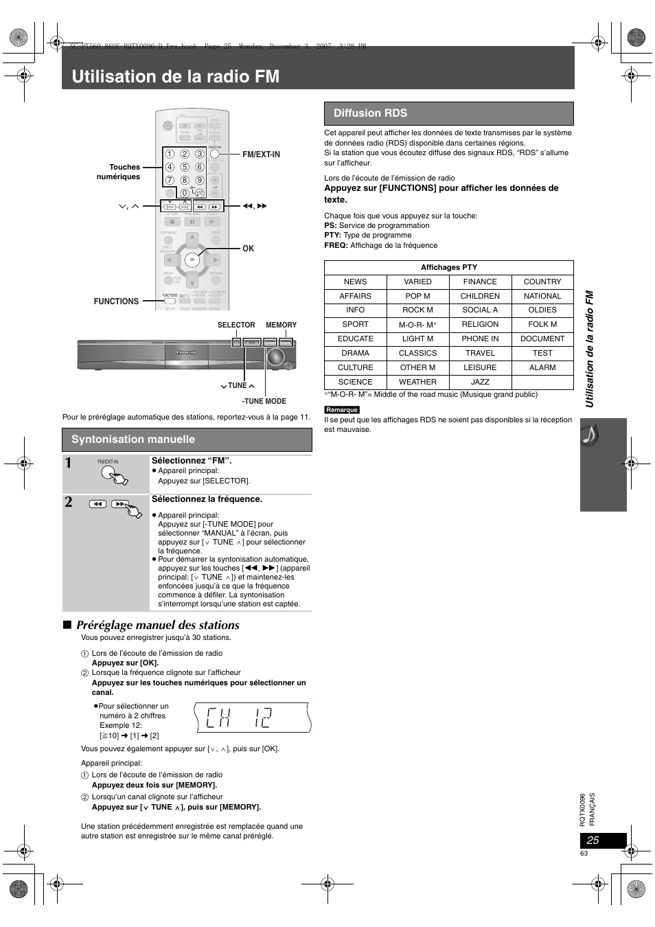 Utilisation de la radio fm, Préréglage manuel des stations, Syntonisation manuelle | Diffusion rds, Utili sati on de l a rad io fm | Panasonic SCPT560 User Manual | Page 63 / 116