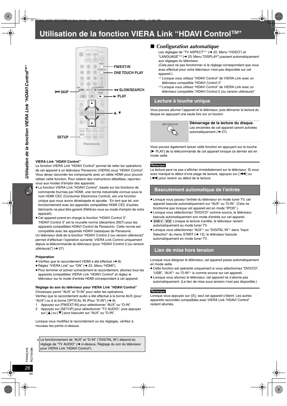 Configuration automatique, Lecture à touche unique | Panasonic SCPT560 User Manual | Page 64 / 116