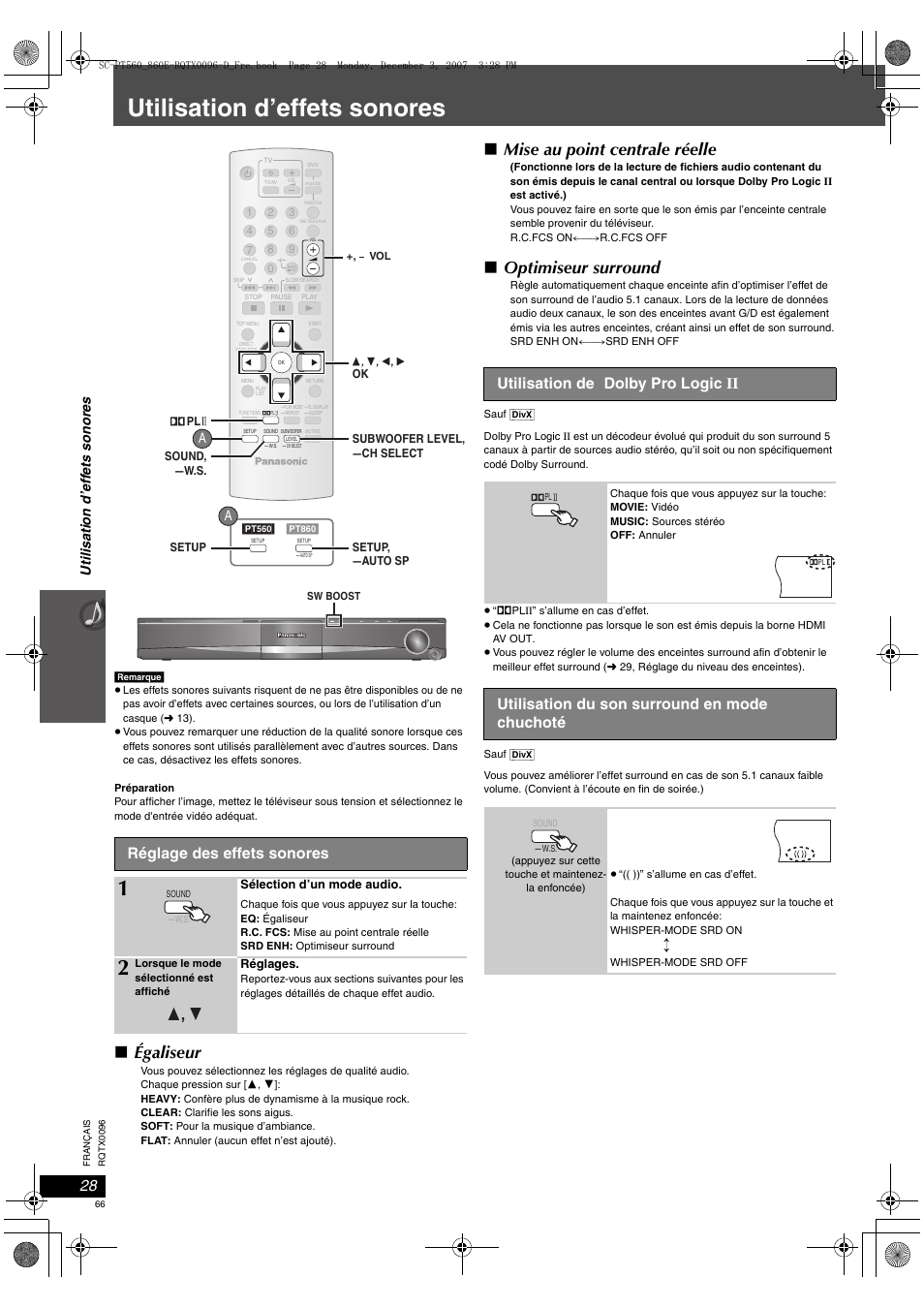 Utilisation d’effets sonores, Égaliseur, Mise au point centrale réelle | Optimiseur surround, Réglage des effets sonores, Utilisation de dolby pro logic ii, Utilisation du son surround en mode chuchoté, Utili sati on d’ ef fe ts son o res | Panasonic SCPT560 User Manual | Page 66 / 116