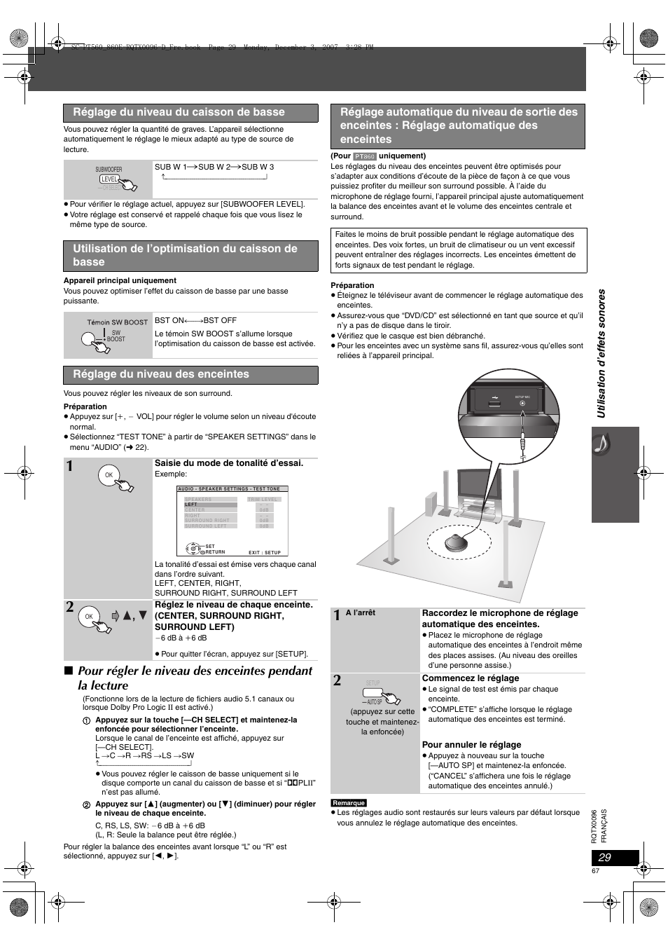 Réglage du niveau du caisson de basse, Utilisation de l’optimisation du caisson de basse, Réglage du niveau des enceintes | Panasonic SCPT560 User Manual | Page 67 / 116