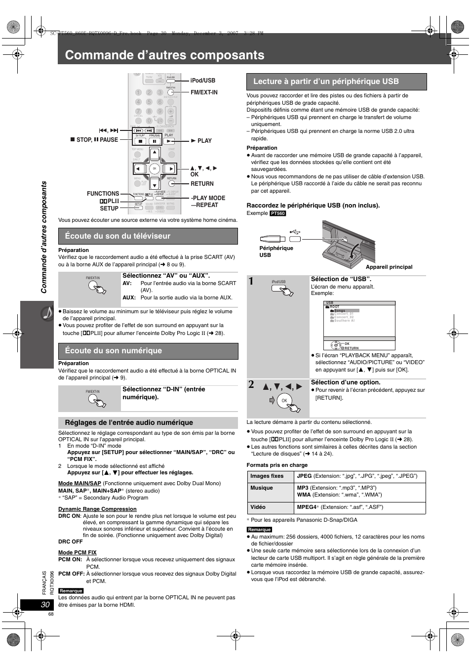 Commande d’autres composants, Écoute du son du téléviseur, Écoute du son numérique | Lecture à partir d’un périphérique usb, Comma nde d’autr es composa n ts, Réglages de l'entrée audio numérique, Open clo se | Panasonic SCPT560 User Manual | Page 68 / 116