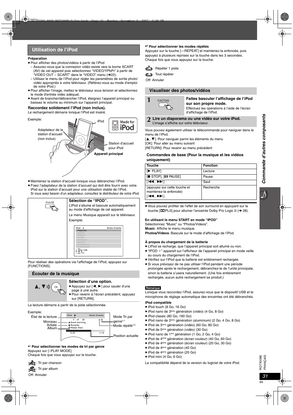 Utilisation de l’ipod, Écouter de la musique, Visualiser des photos/vidéos | Comm ande d’autres c o mpos ants | Panasonic SCPT560 User Manual | Page 69 / 116