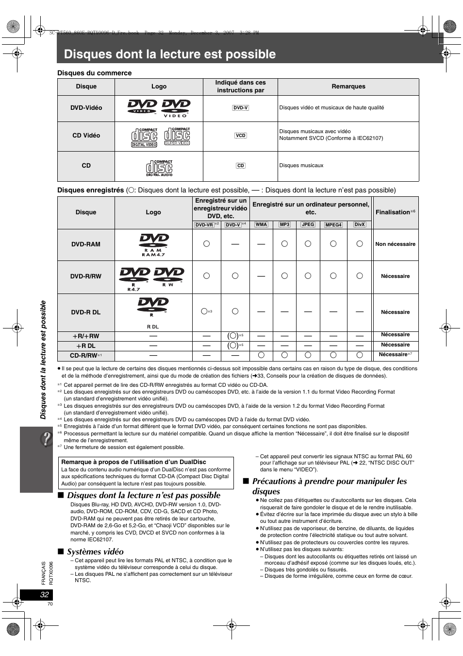 Disques dont la lecture est possible, Disques dont la lecture n’est pas possible, Systèmes vidéo | Précautions à prendre pour manipuler les disques | Panasonic SCPT560 User Manual | Page 70 / 116