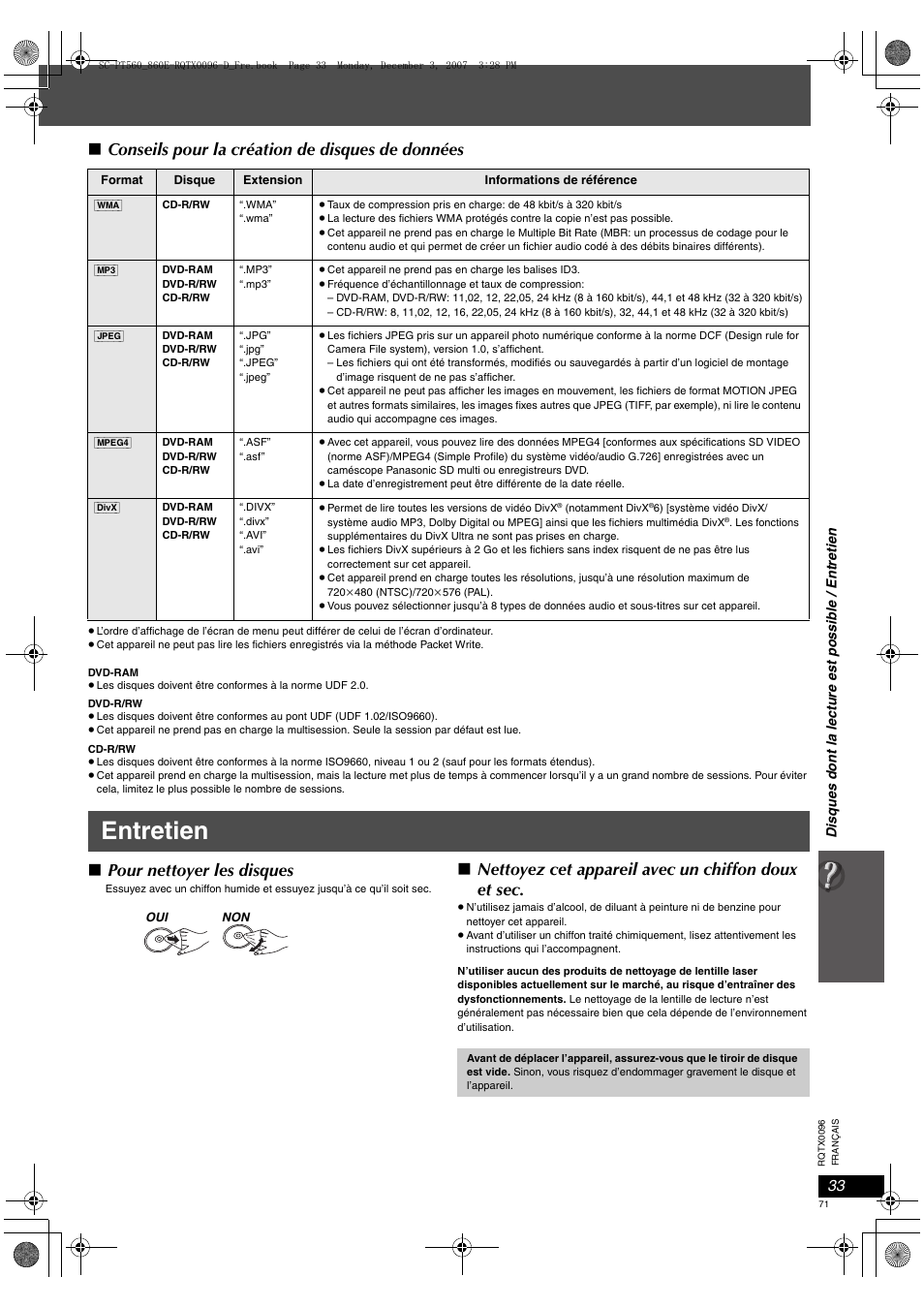 Entretien, Conseils pour la création de disques de données, Pour nettoyer les disques | Nettoyez cet appareil avec un chiffon doux et sec | Panasonic SCPT560 User Manual | Page 71 / 116