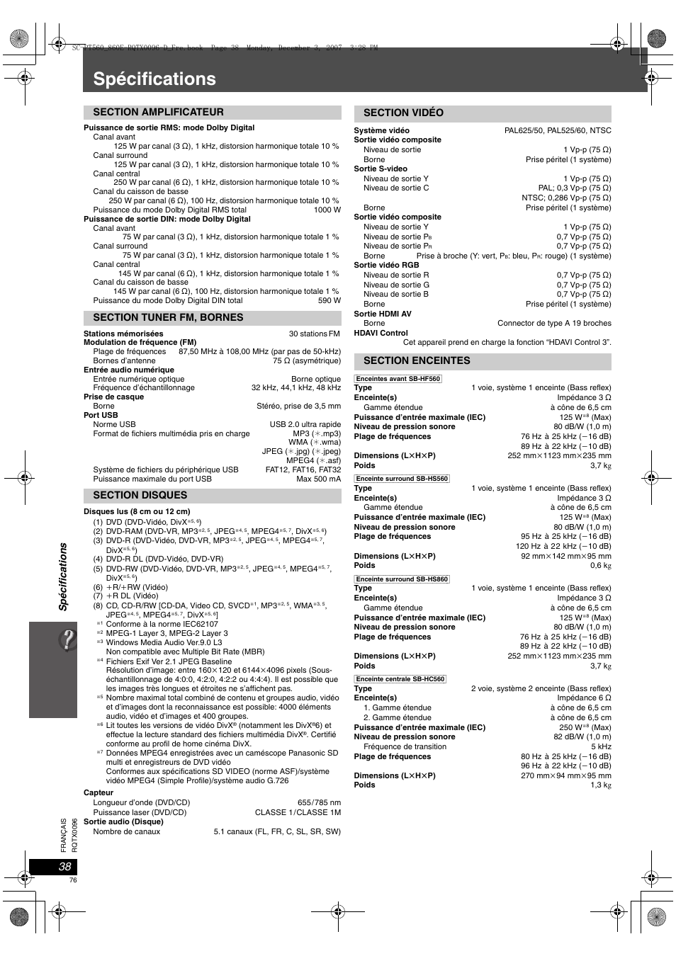 Spécifications | Panasonic SCPT560 User Manual | Page 76 / 116