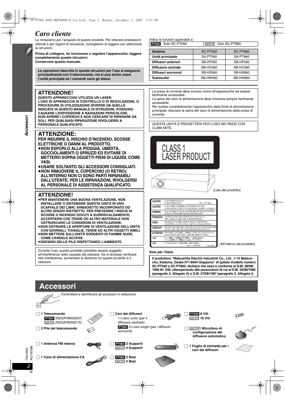 Accessori, Caro cliente, Attenzione | Panasonic SCPT560 User Manual | Page 78 / 116