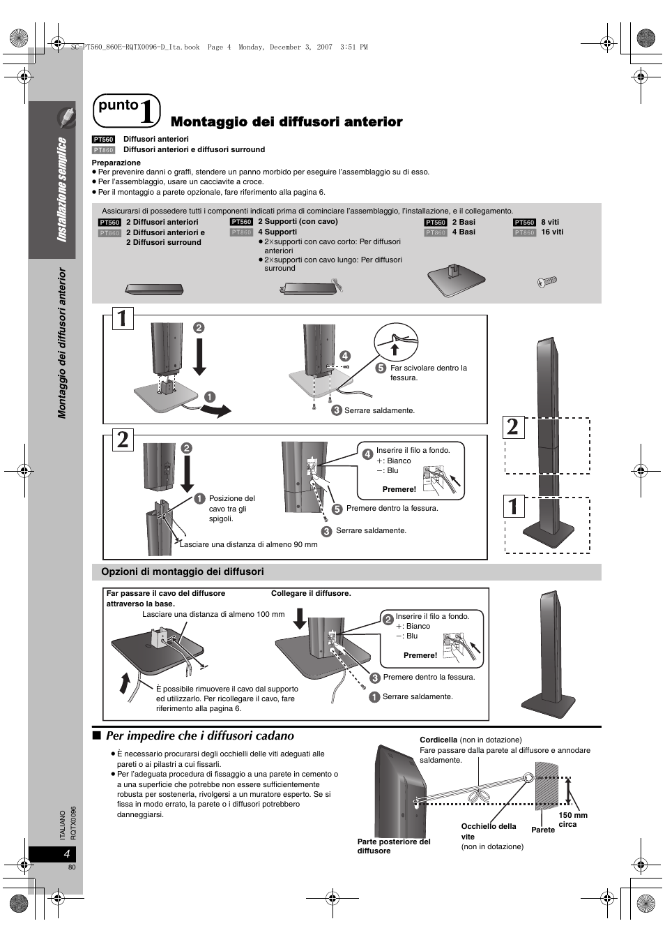 Punto, Montaggio dei diffusori anterior, Per impedire che i diffusori cadano | Installazione sem plice | Panasonic SCPT560 User Manual | Page 80 / 116