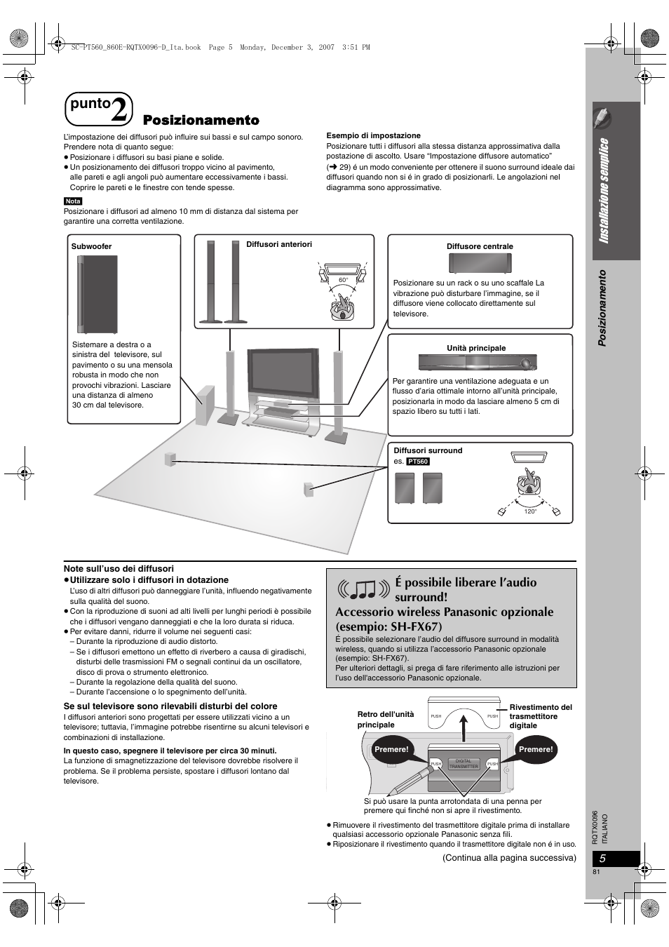 Punto, Posizionamento, Installazione sem plice | Panasonic SCPT560 User Manual | Page 81 / 116