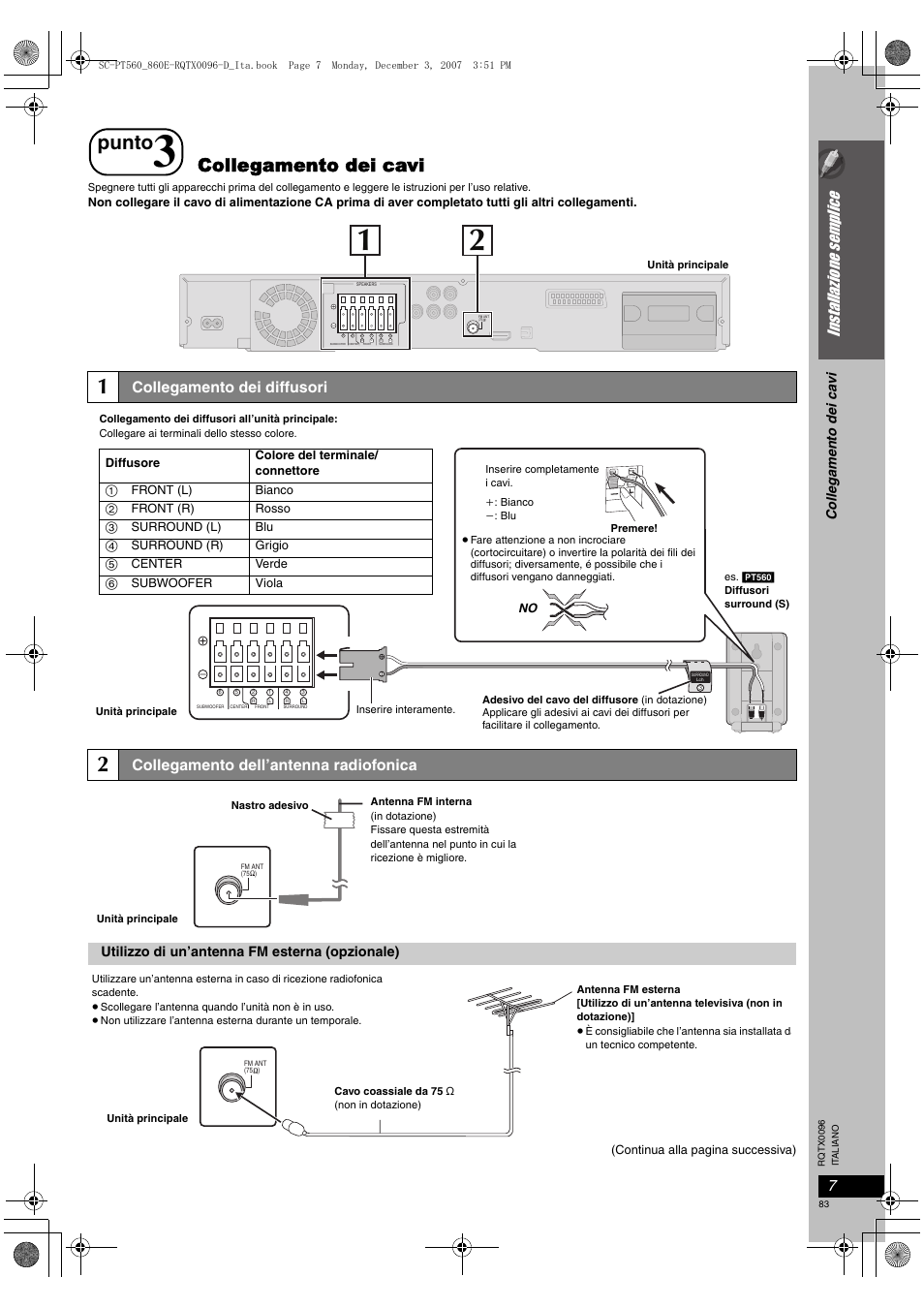 Punto, Collegamento dei cavi, Installazione sem plice | Collegamento dei diffusori, Collegamento dell’antenna radiofonica, Col le ga men to de i ca vi, Utilizzo di un’antenna fm esterna (opzionale) | Panasonic SCPT560 User Manual | Page 83 / 116