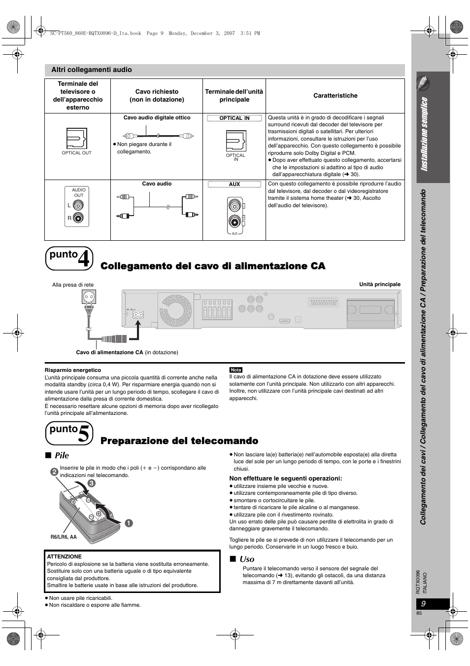 Punto, Collegamento del cavo di alimentazione ca, Preparazione del telecomando | Pile | Panasonic SCPT560 User Manual | Page 85 / 116