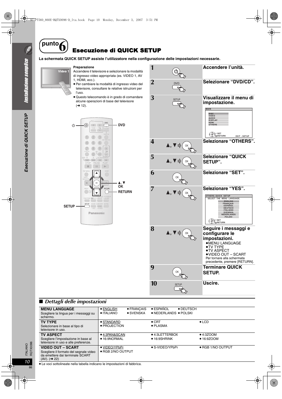 Punto, Esecuzione di quick setup, Dettagli delle impostazioni | Installazione semplice, Accendere l’unità, Selezionare “dvd/cd, Visualizzare il menu di impostazione, Selezionare “others, Selezionare “quick setup, Selezionare “set | Panasonic SCPT560 User Manual | Page 86 / 116