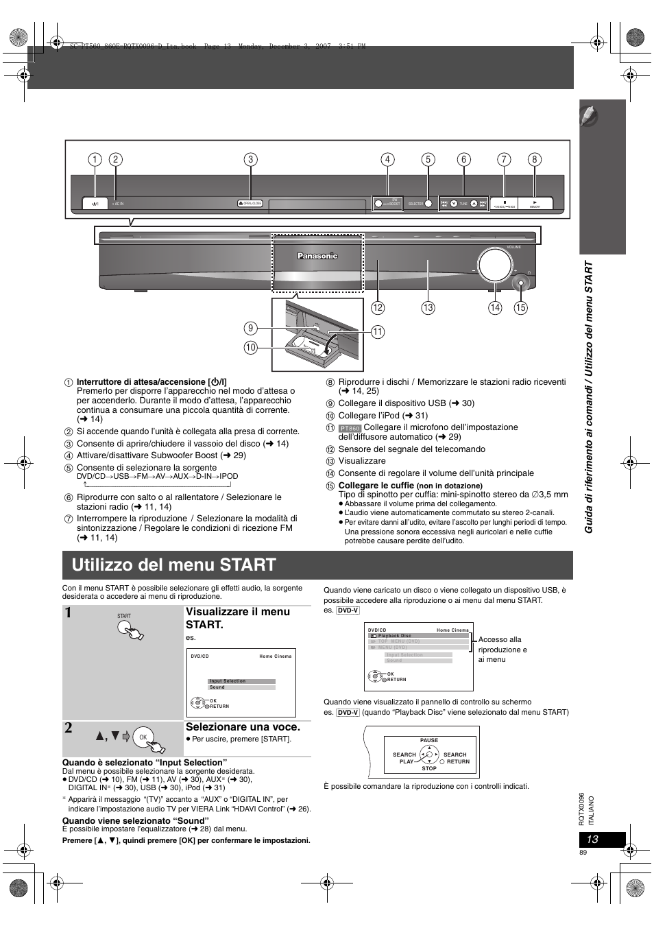 Utilizzo del menu start, Visualizzare il menu start, Selezionare una voce | Panasonic SCPT560 User Manual | Page 89 / 116