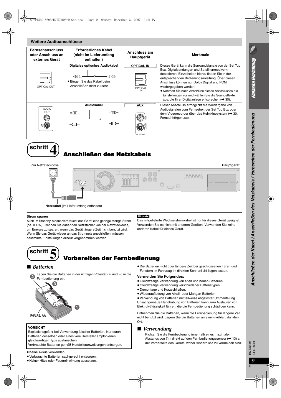 Schritt, Anschließen des netzkabels, Vorbereiten der fernbedienung | Batterien, Verwendung | Panasonic SCPT560 User Manual | Page 9 / 116