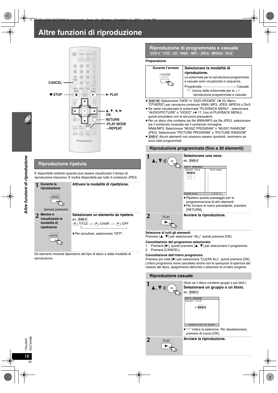 Altre funzioni di riproduzione, Riproduzione ripetuta, Riproduzione di programmata e casuale | Riproduzione programmata (fino a 30 elementi), Riproduzione casuale | Panasonic SCPT560 User Manual | Page 92 / 116