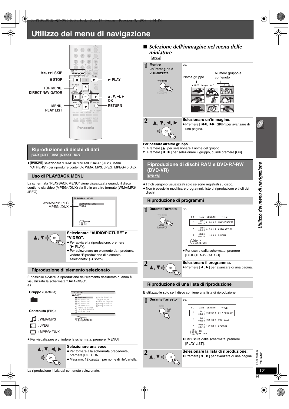 Utilizzo dei menu di navigazione, Selezione dell'immagine nel menu delle miniature, Riproduzione di dischi di dati | Riproduzione di dischi ram e dvd-r/-rw (dvd-vr), Uso di playback menu, Riproduzione di elemento selezionato, Riproduzione di programmi, Riproduzione di una lista di riproduzione | Panasonic SCPT560 User Manual | Page 93 / 116