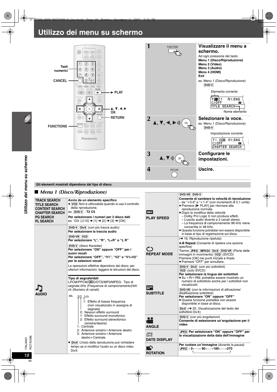 Utilizzo dei menu su schermo, Menu 1 (disco/riproduzione), Visualizzare il menu a schermo | Selezionare la voce, Configurare le impostazioni, Uscire | Panasonic SCPT560 User Manual | Page 94 / 116