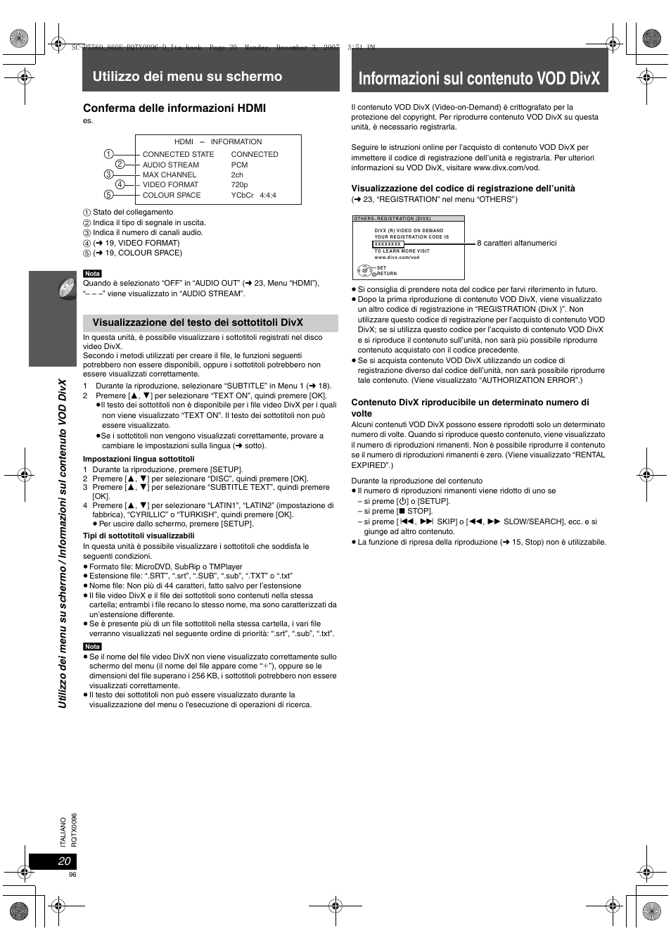 Informazioni sul contenuto vod divx, Utilizzo dei menu su schermo, Conferma delle informazioni hdmi | Panasonic SCPT560 User Manual | Page 96 / 116