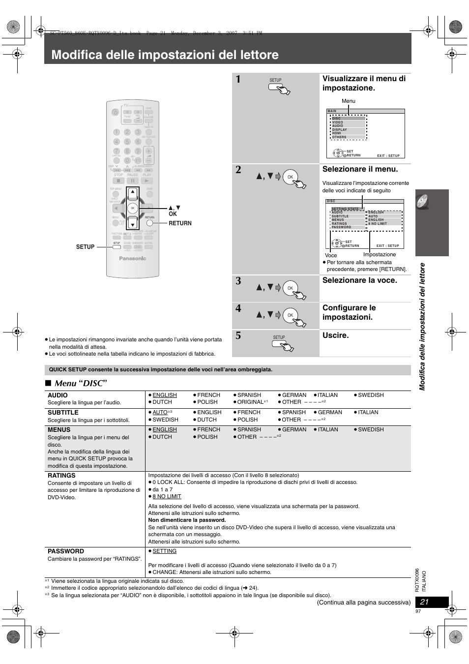 Menu “ disc, Visualizzare il menu di impostazione, Selezionare il menu | Selezionare la voce, Configurare le impostazioni, Uscire, Modifica delle impostazioni del lettore | Panasonic SCPT560 User Manual | Page 97 / 116