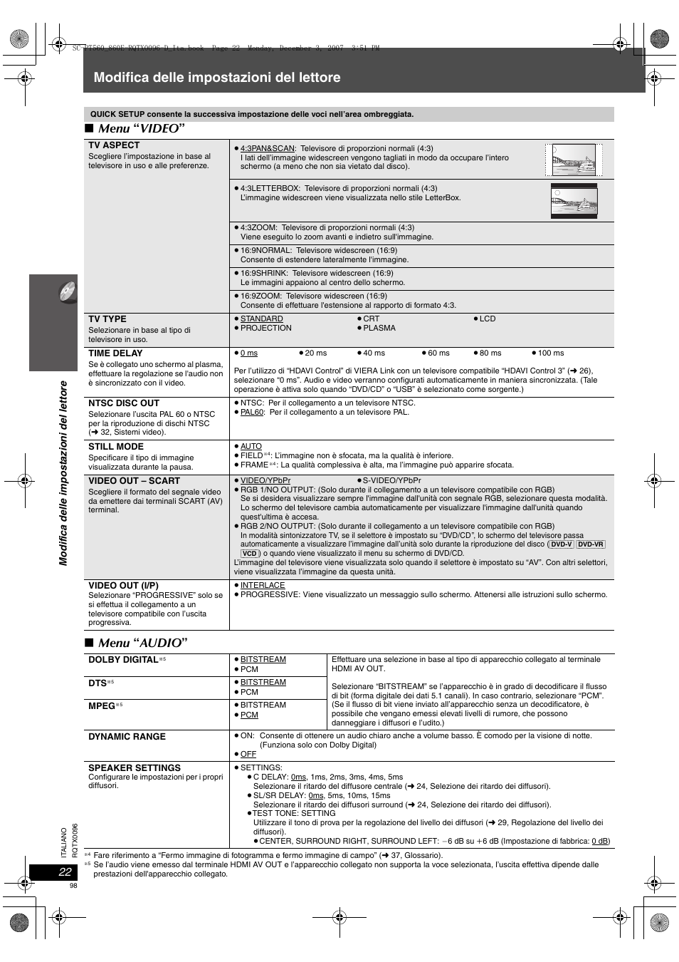 Modifica delle impostazioni del lettore, Menu “ video ” ∫ menu “ audio | Panasonic SCPT560 User Manual | Page 98 / 116