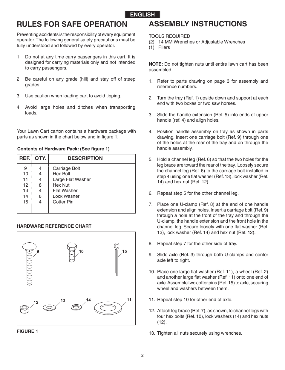 Rules for safe operation, Assembly instructions | Agri-Fab Poly Lawn Cart 45-02264 User Manual | Page 2 / 8