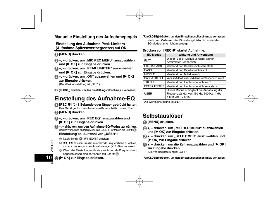 Selbstauslöser, Einstellung des aufnahme-eq, Manuelle einstellung des aufnahmepegels | Panasonic RRXS450E User Manual | Page 102 / 234