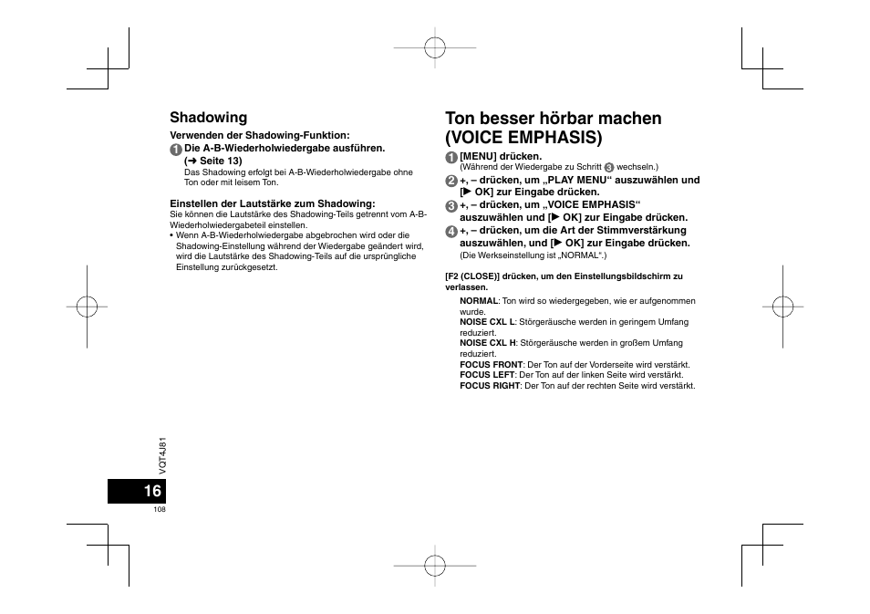 Ton besser hörbar machen (voice emphasis), Shadowing | Panasonic RRXS450E User Manual | Page 108 / 234