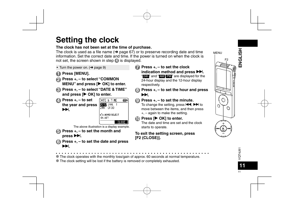 Setting the clock | Panasonic RRXS450E User Manual | Page 11 / 234