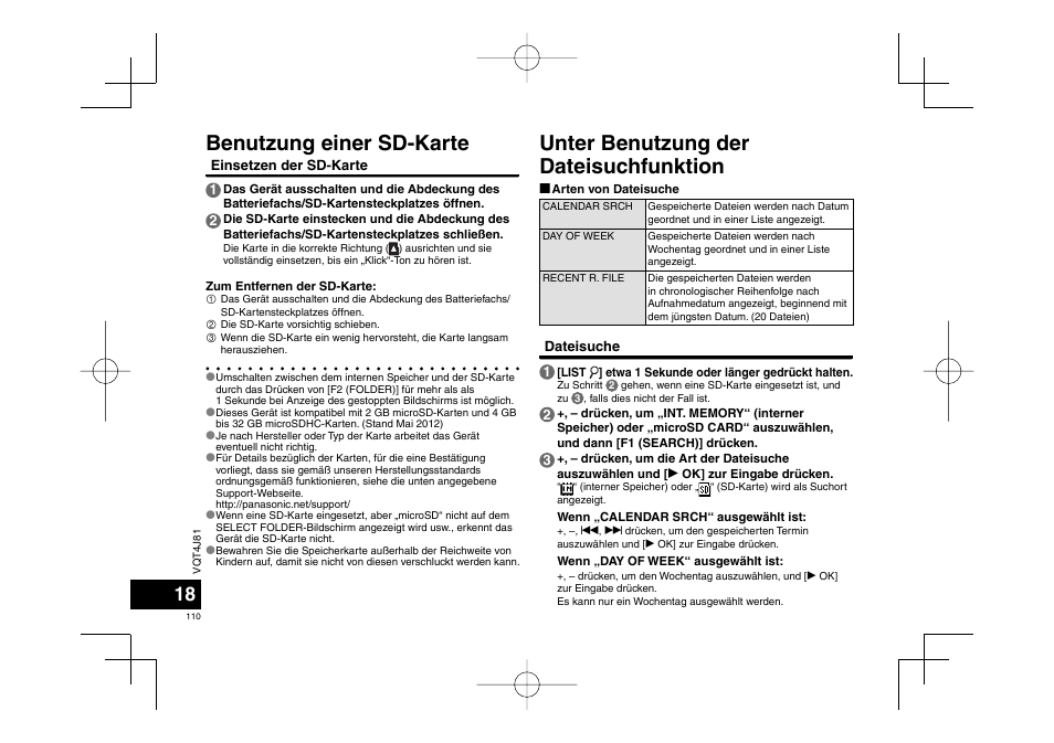 Unter benutzung der dateisuchfunktion, Benutzung einer sd-karte | Panasonic RRXS450E User Manual | Page 110 / 234