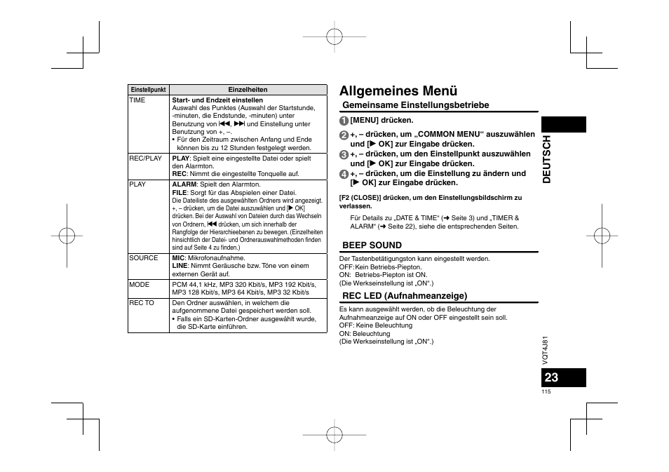 Allgemeines menü, Deutsch | Panasonic RRXS450E User Manual | Page 115 / 234