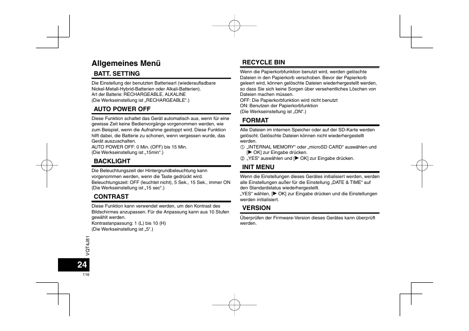 Allgemeines menü | Panasonic RRXS450E User Manual | Page 116 / 234