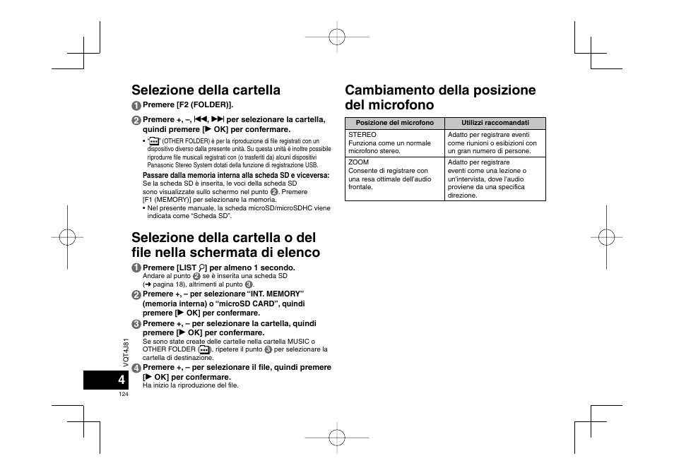Selezione della cartella, Cambiamento della posizione del microfono | Panasonic RRXS450E User Manual | Page 124 / 234