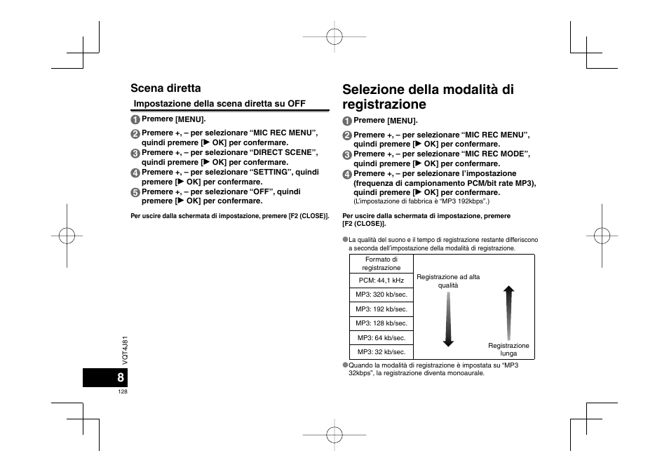 Selezione della modalità di registrazione, Scena diretta | Panasonic RRXS450E User Manual | Page 128 / 234