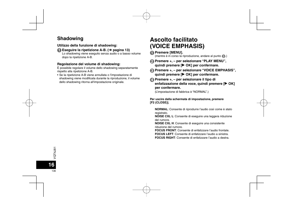 Ascolto facilitato (voice emphasis), Shadowing | Panasonic RRXS450E User Manual | Page 136 / 234