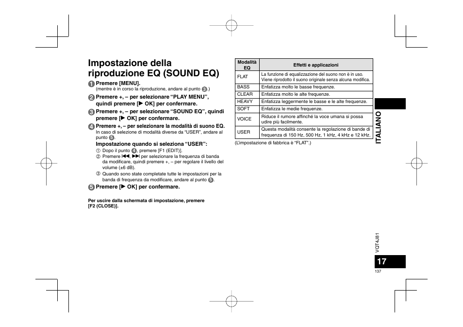 Impostazione della riproduzione eq (sound eq), It aliano | Panasonic RRXS450E User Manual | Page 137 / 234