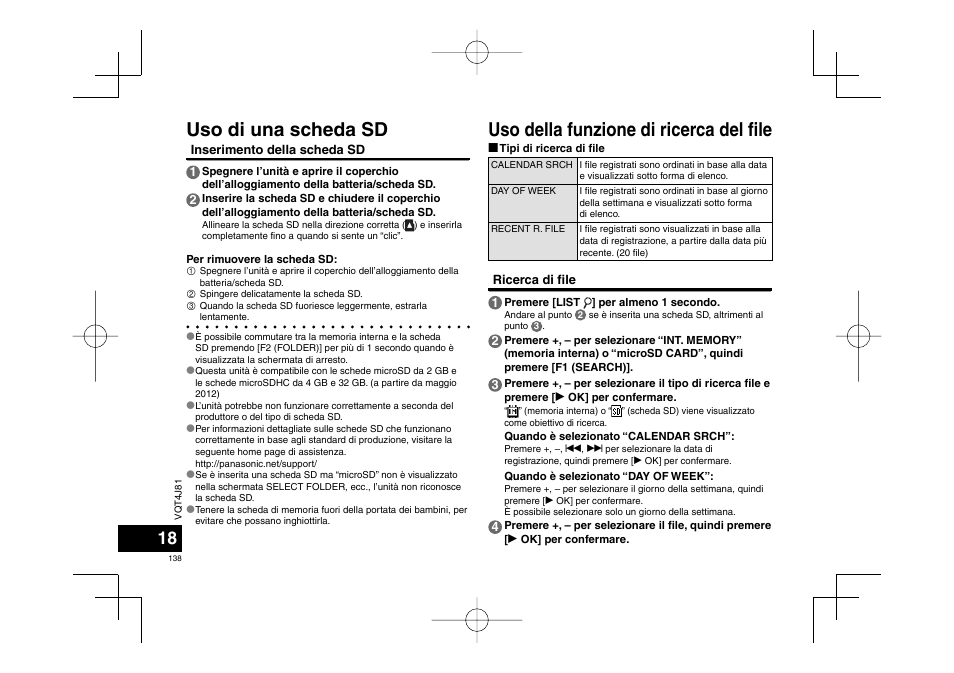 Uso della funzione di ricerca del fi le, Uso di una scheda sd | Panasonic RRXS450E User Manual | Page 138 / 234