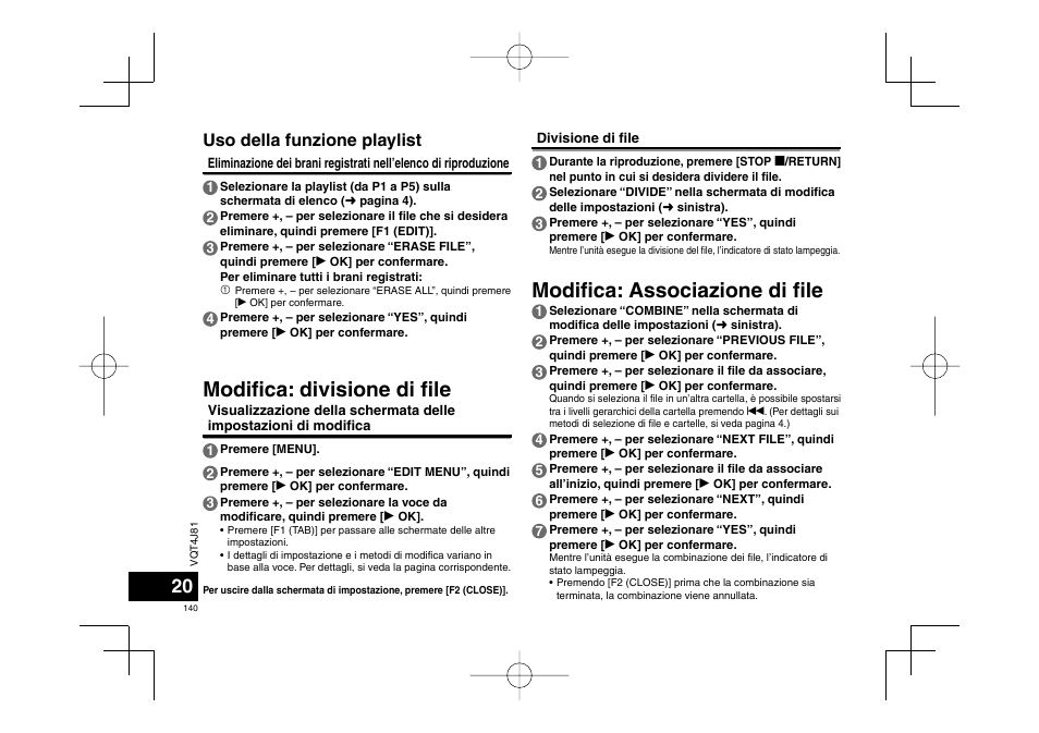 Modifi ca: associazione di fi le, Modifi ca: divisione di fi le, Uso della funzione playlist | Panasonic RRXS450E User Manual | Page 140 / 234