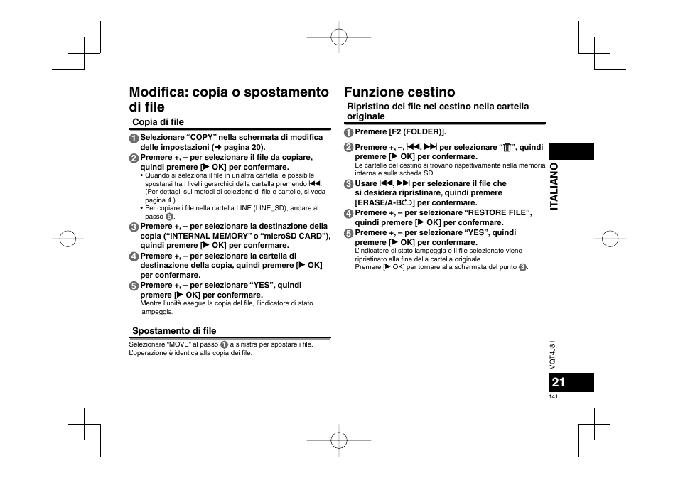 Modifi ca: copia o spostamento di fi le, Funzione cestino | Panasonic RRXS450E User Manual | Page 141 / 234