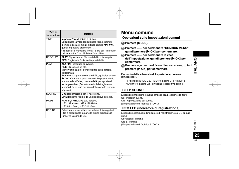 Menu comune, It aliano | Panasonic RRXS450E User Manual | Page 143 / 234