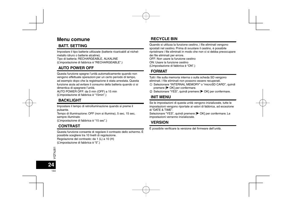 Menu comune | Panasonic RRXS450E User Manual | Page 144 / 234