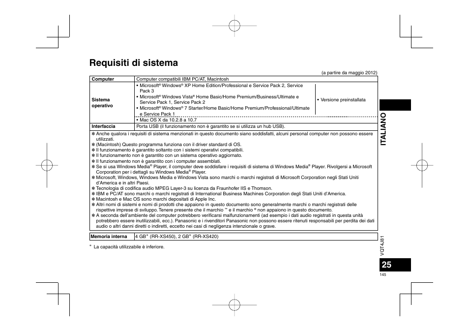 Requisiti di sistema, It aliano | Panasonic RRXS450E User Manual | Page 145 / 234