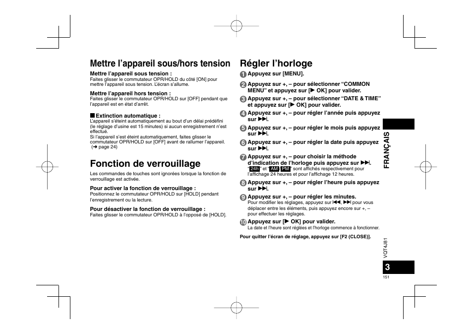 Mettre l’appareil sous/hors tension, Fonction de verrouillage, Régler l’horloge | Panasonic RRXS450E User Manual | Page 151 / 234