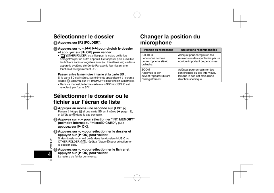 Sélectionner le dossier, Changer la position du microphone | Panasonic RRXS450E User Manual | Page 152 / 234