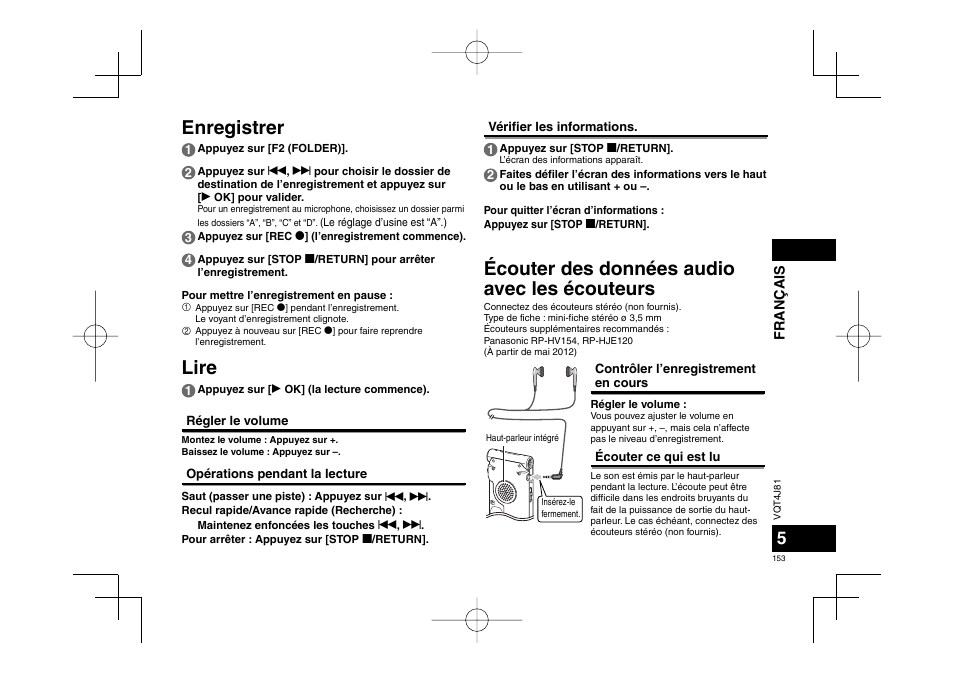 Écouter des données audio avec les écouteurs, Enregistrer lire | Panasonic RRXS450E User Manual | Page 153 / 234