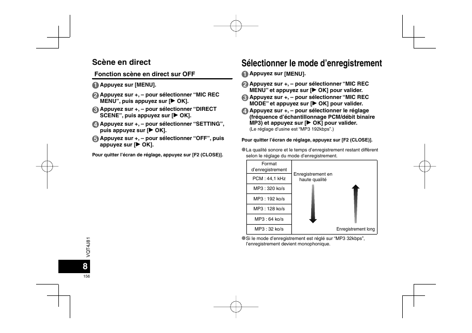 Sélectionner le mode d’enregistrement, Scène en direct | Panasonic RRXS450E User Manual | Page 156 / 234