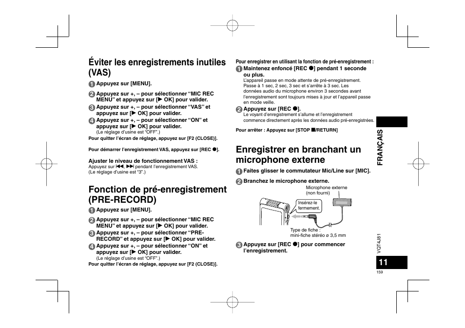 Éviter les enregistrements inutiles (vas), Fonction de pré-enregistrement (pre-record), Enregistrer en branchant un microphone externe | Panasonic RRXS450E User Manual | Page 159 / 234