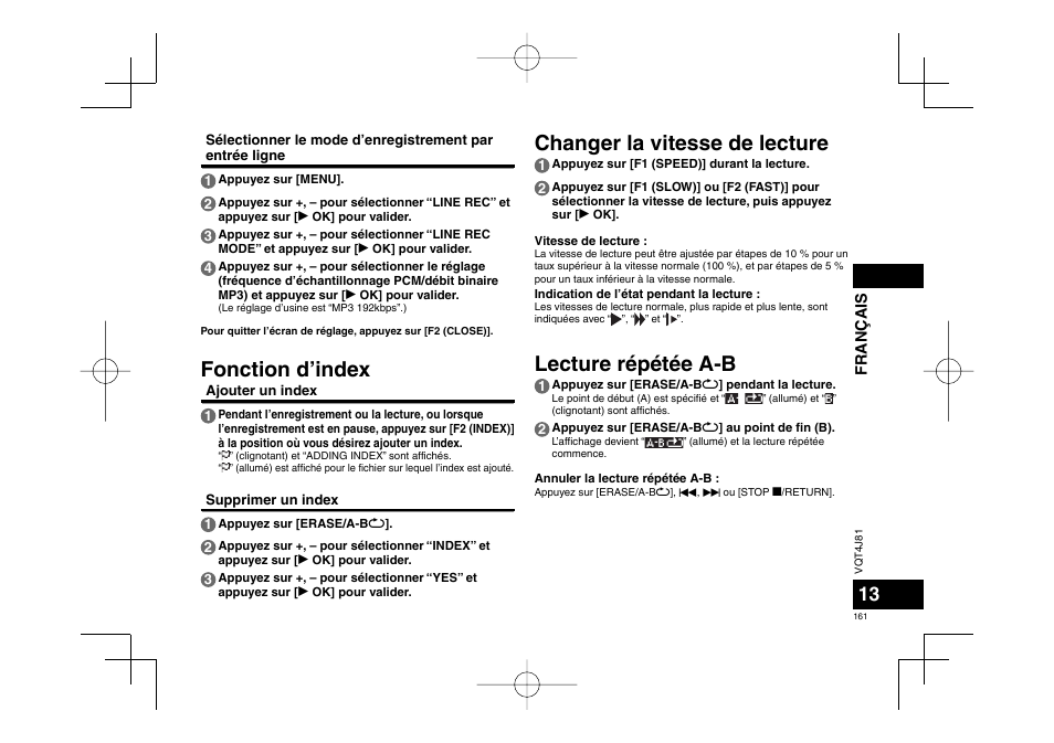 Changer la vitesse de lecture lecture répétée a-b, Fonction d’index | Panasonic RRXS450E User Manual | Page 161 / 234