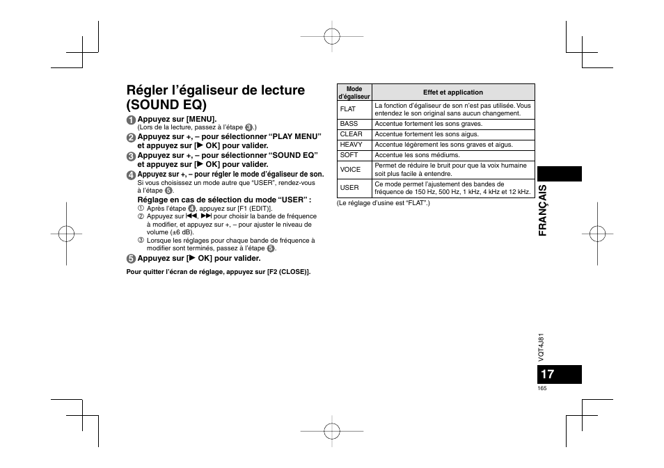 Régler l’égaliseur de lecture (sound eq), Français | Panasonic RRXS450E User Manual | Page 165 / 234