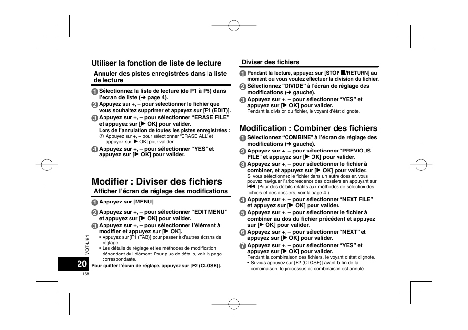 Modifi er : diviser des fi chiers, Modifi cation : combiner des fi chiers, Utiliser la fonction de liste de lecture | Panasonic RRXS450E User Manual | Page 168 / 234