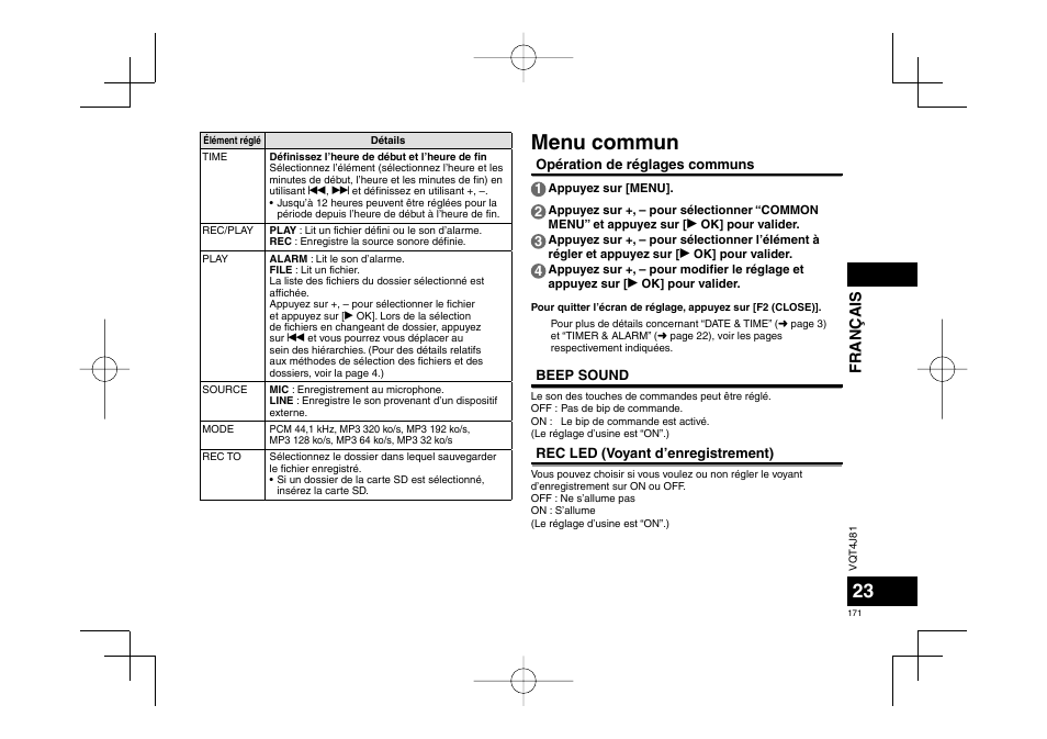 Menu commun, Français | Panasonic RRXS450E User Manual | Page 171 / 234
