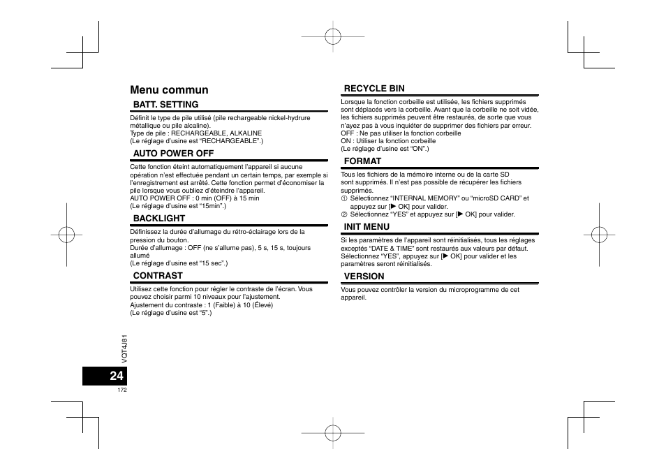 Menu commun | Panasonic RRXS450E User Manual | Page 172 / 234